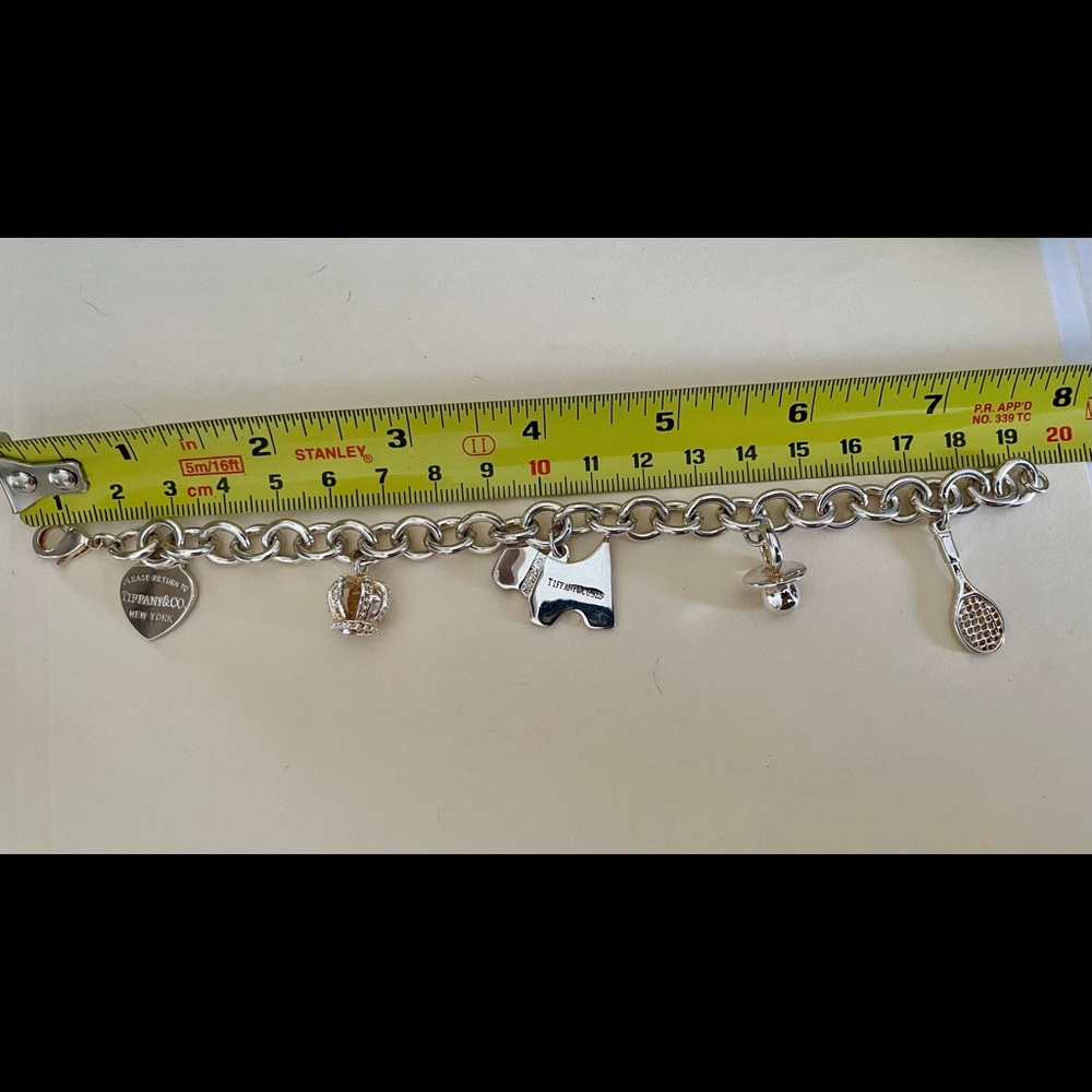 925 Sterling Silver Charm Bracelet w/5 Tiffany & Co Charms